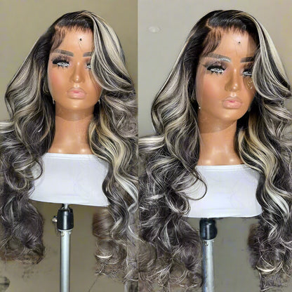Side by Side comparison of silver grey highlight body wave wig showing lace construction and styling versatility