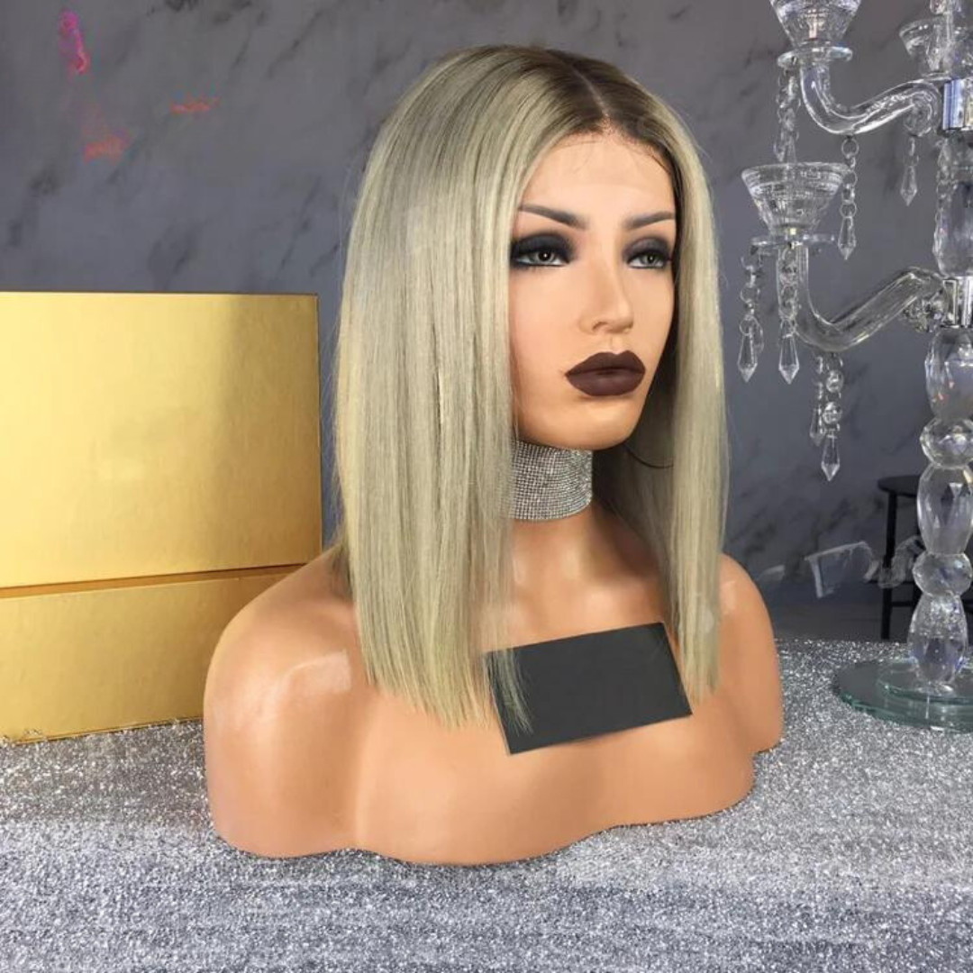 Ombre Ash Blonde Lace Front Straight Human Hair Bob Wig