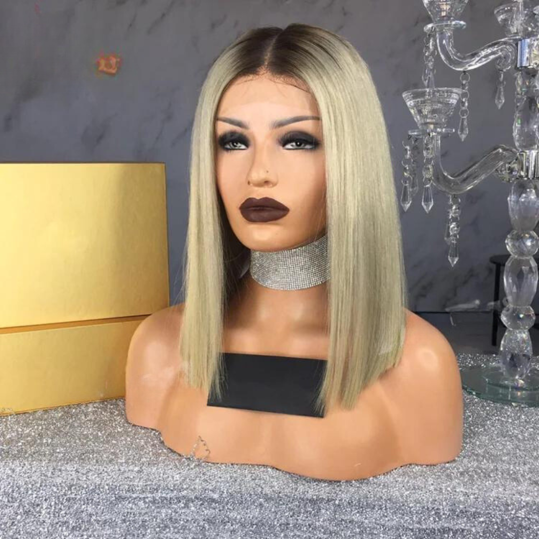 Ombre Ash Blonde Lace Front Straight Human Hair Bob Wig