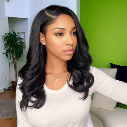 13x4 HD/Transparent lace front human hair wig displayed on a model showing natural 180% density, rich black color, natural hairline, realistic scalp, Brazilian human hair, and body wave texture