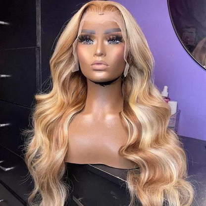 Peruvian 4/613 highlight body wave wig displaying light brown to blonde highlights and 13x6 HD lace front