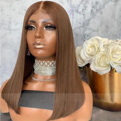 NuHaire's caramel brown straight 13x4 lace front European human hair bob wig displayed on a mannequin head, with a transparent lace front and a silver-colored necklace.