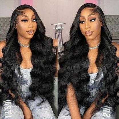 Two-part image of Long 5x5 Transparent lace closure human hair wig freshly installed on model showing premium natural hairline, styling versatility, and realistic scalp
