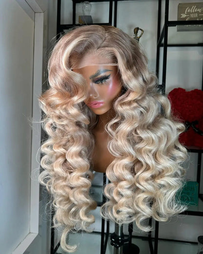 White gold blonde deep wave wig from side angle showing hair density and texture