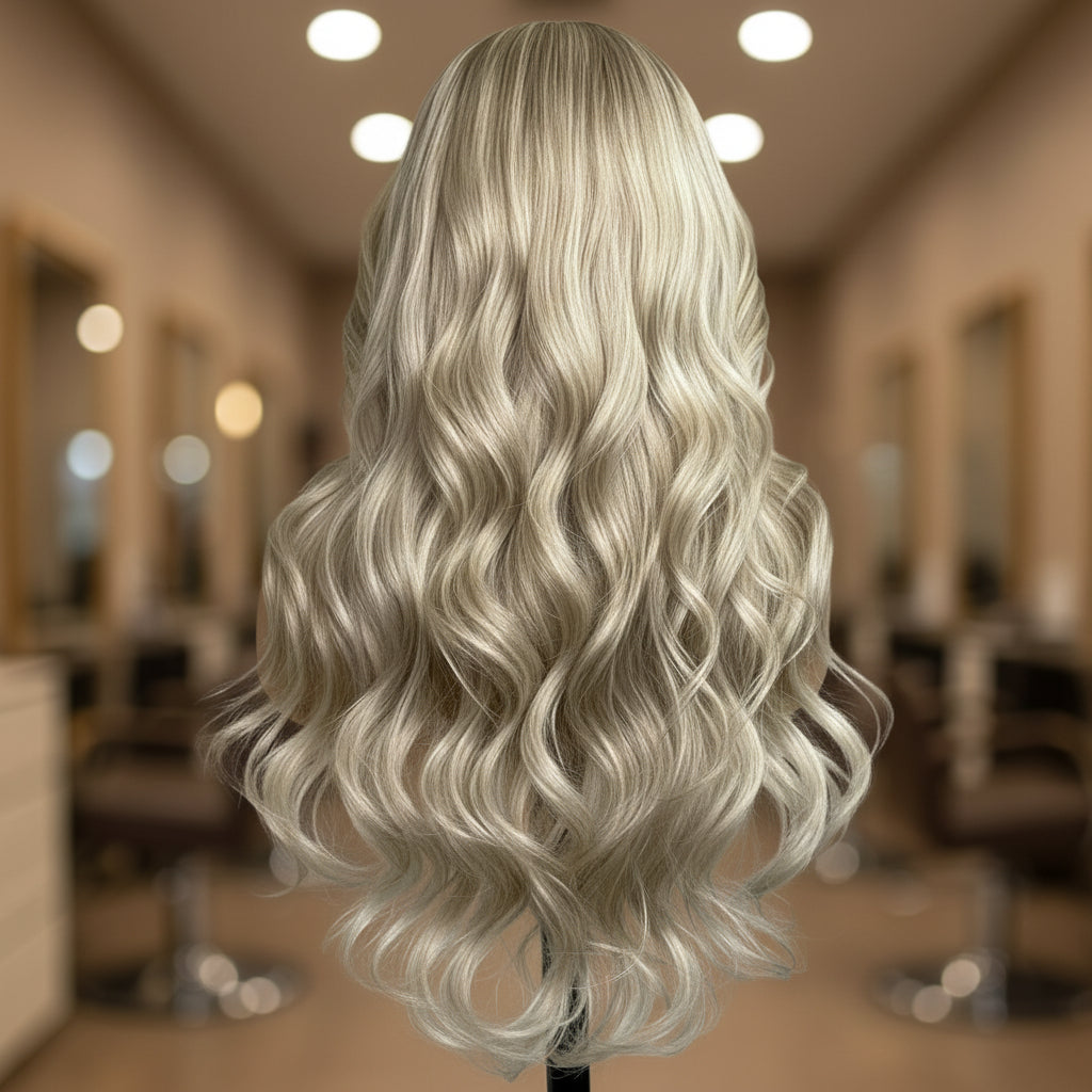 Blonde wig on a mannequin head against a plain background