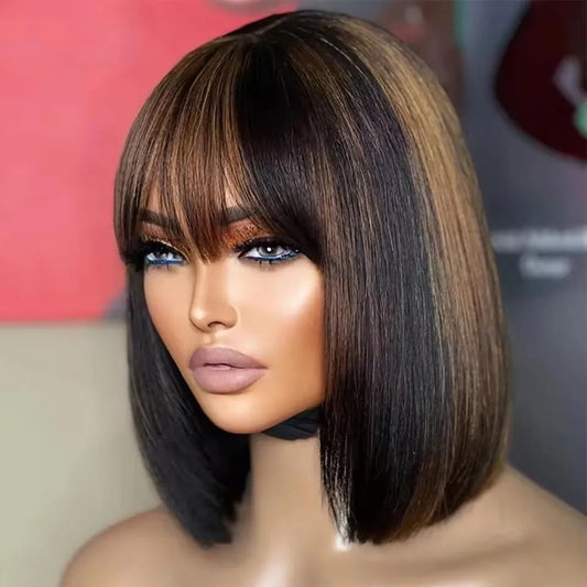 Glueless 4/27 Honey Blonde Highlight Human Hair Wig with Bang