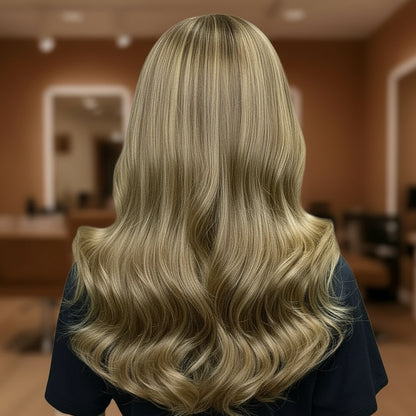 Ombre ash brown body wave wig from different angle displaying natural movement, natural looking lace front, and dimensional ombre color blend