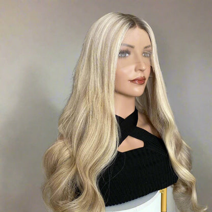 18/60 pearl ash blonde natural wave wig quarter turn side view showing dimensional color blend and European human hair