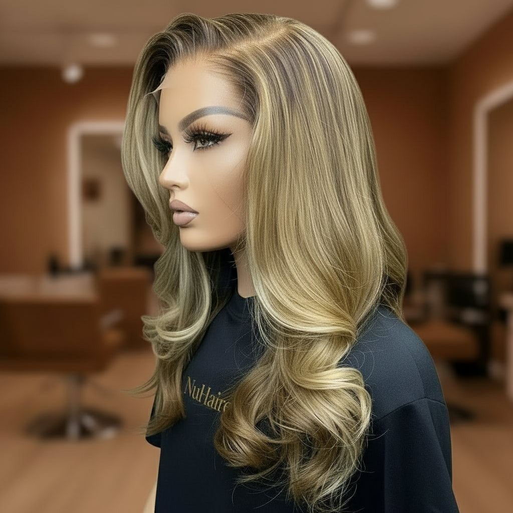 Ombre ash brown body wave wig from different angle displaying natural movement, natural looking lace front, and dimensional ombre color blend