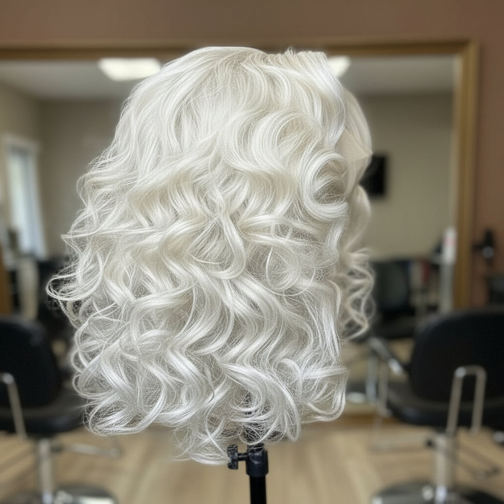 Side view of platinum blonde curly wig on a mannequin head with a blurred salon background