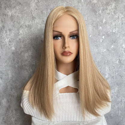 8/24 duo tone ash brown mono lace wig front view showing dimensional color blend and 13x4 monofilament construction