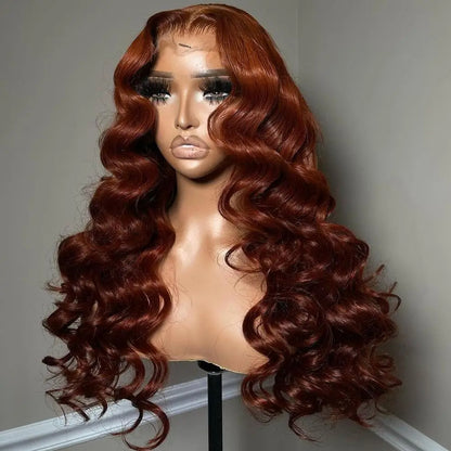 Cinnamon brown loose deep wave wig on mannequin showing 13x4 lace and rich warm brown color