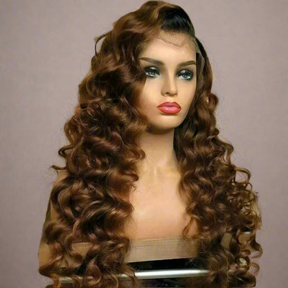 Premium chocolate brown curly wig displaying natural curl pattern and 13x4 lace front construction