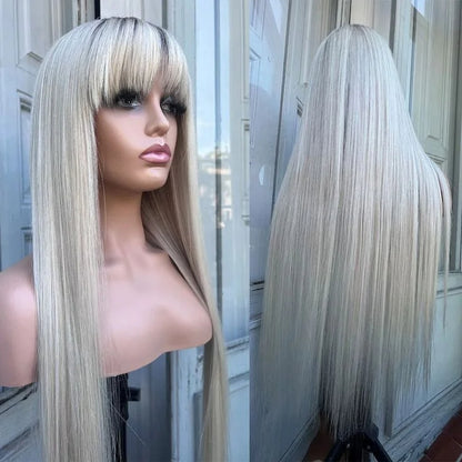 Ash blonde highlight wig with bangs side by side front and back view showing 250% density and glueless construction"
