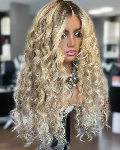 Ash blonde highlight loose wave wig tilted view displaying natural movement and cool-toned highlights