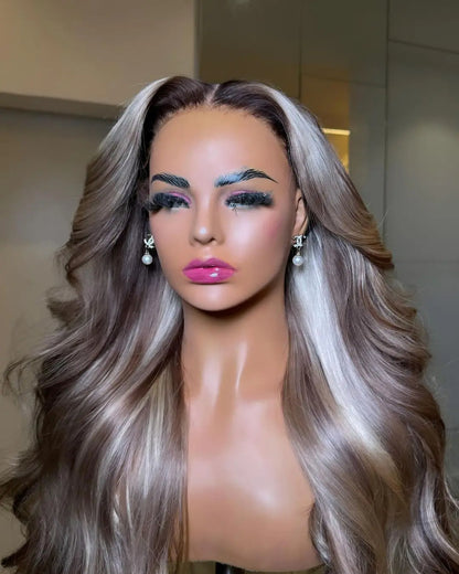 Ash grey blonde highlights body wave wig showcasing ultra-full density and sophisticated highlight color