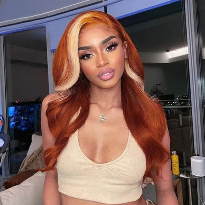 26" Chunky Blonde Highlight Ginger 13x4 Body Wave Wig on model showcasing bold color contrast, human hair quality, and length