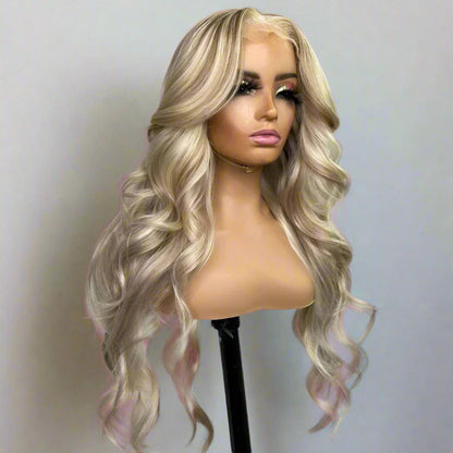 Ash honey brown highlight loose wave wig front view showing dimensional highlight color blend and 13x4 lace front