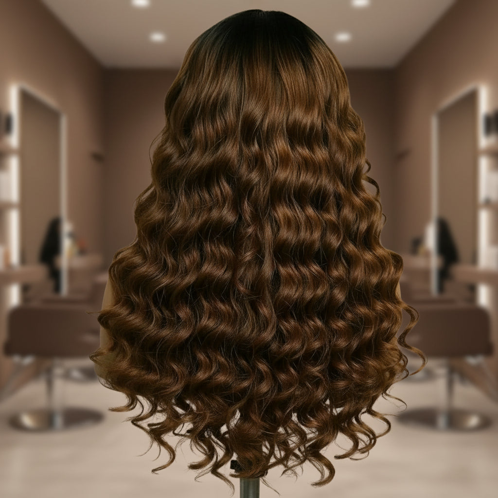 Mannequin head with a brown curly wig on a plain background