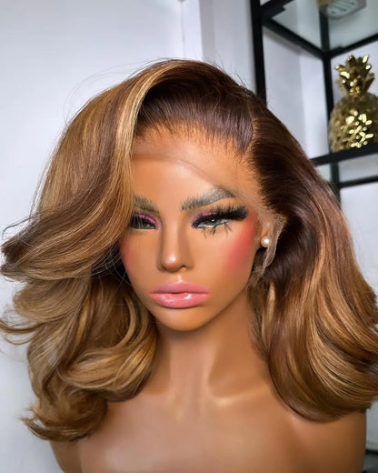 Caramel brown highlight loose wave wig showing 13x6 HD lace and dimensional color blend