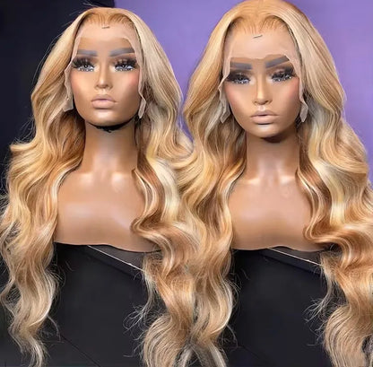 Side by side view of Peruvian 4/613 highlight body wave wig showcasing color variation and natural movement