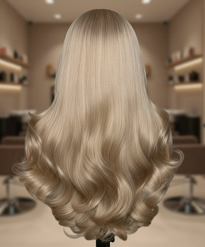Back view of a Ash Honey Blonde Body Wave 13x4 Wig on model alternate angle highlighting body wave texture and honey blonde color