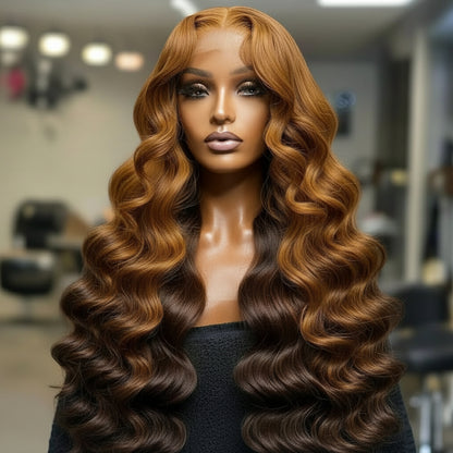 Ginger brown ombre 6x6 body wave wig on mannequin showing dimensional color transition and lace closure