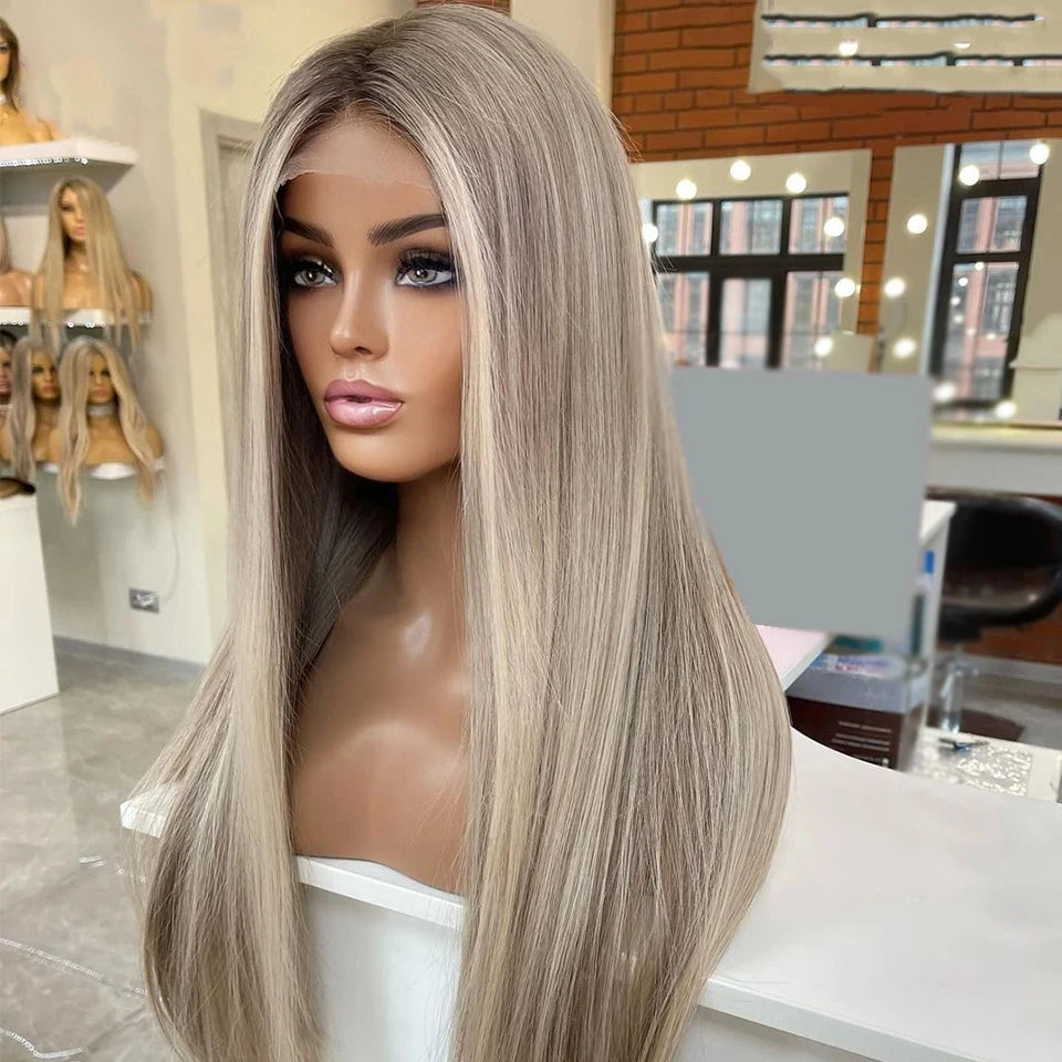 Mannequin head in NuHaire hair salon with a  long, straight premium European Human Hair wig showcasing quality, 13x6 natural hairline, and ash grey blonde highlight color