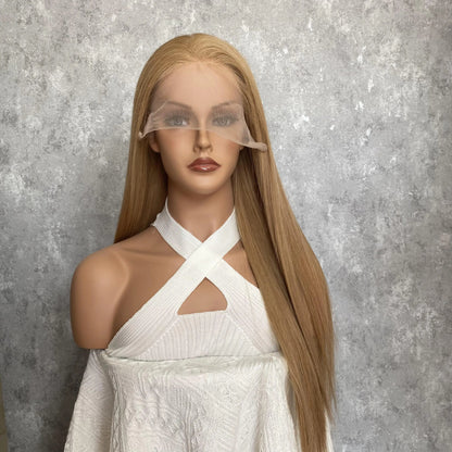 Strawberry blonde 13x6 HD lace front wig front view showing warm Strawberry blonde color and European human hair