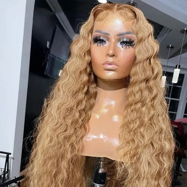 Honey Blonde Highlight Water Wave 13x4 Lace Front Wig on mannequin showcasing closer angle of premium texture quality and dimensional highlight color