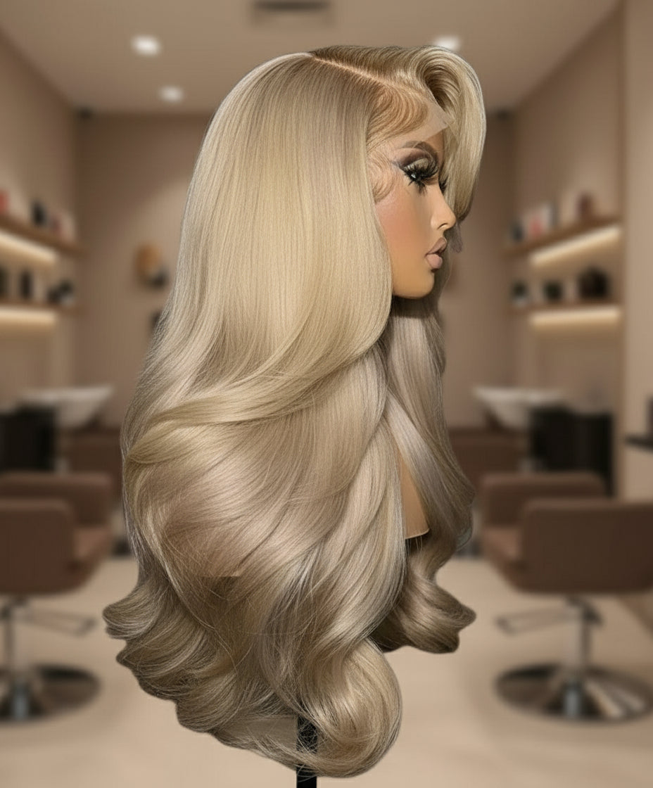 Ash Honey Blonde Body Wave 13x4 Wig on model alternate side angle highlighting body wave texture and honey blonde color