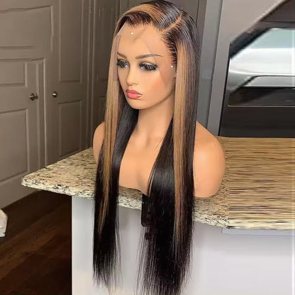 Honey blonde highlight silky straight wig from side angle displaying sun-kissed warmth and sleek movement