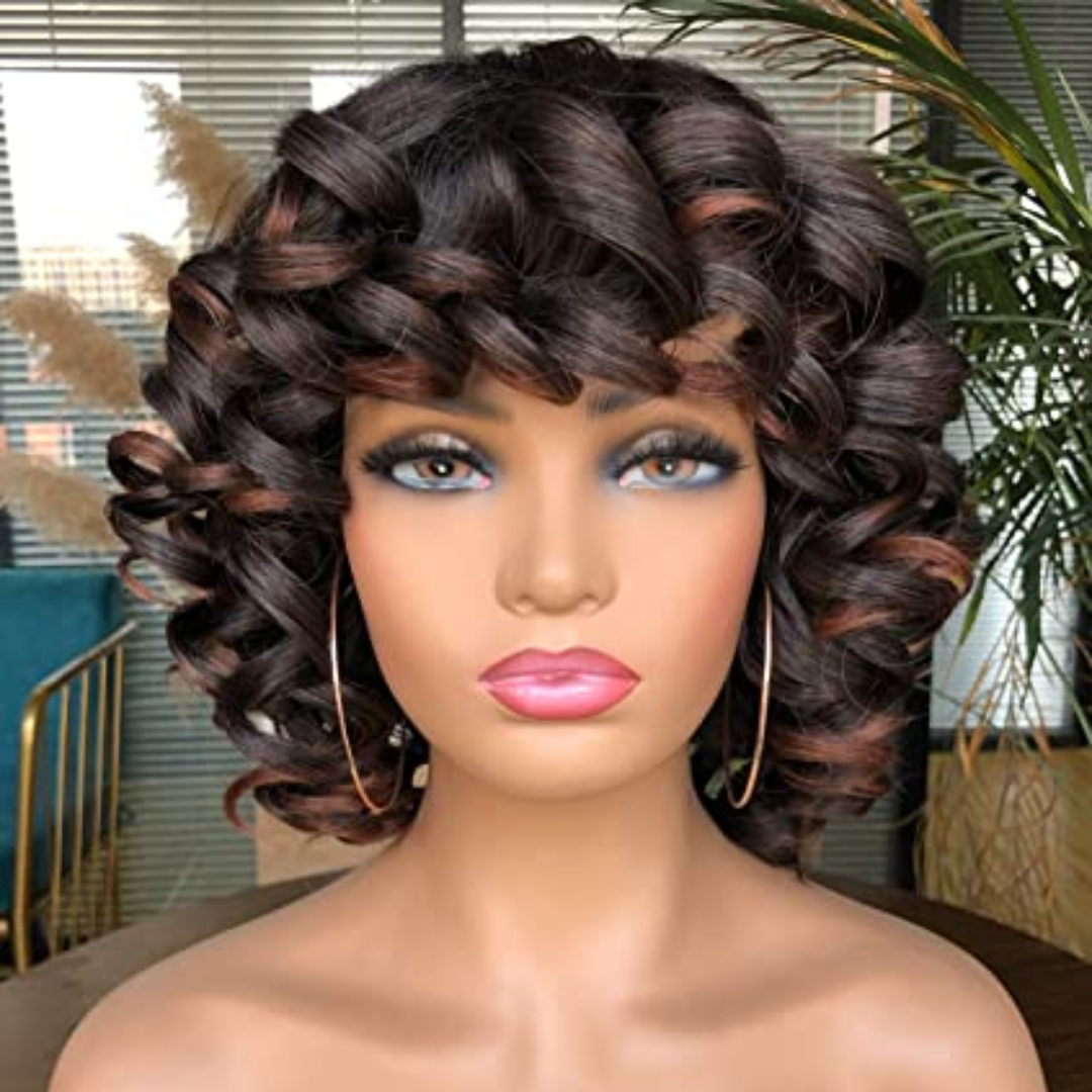 1B/30 Auburn Ombre Bouncy Curly Bob Wig with Bangs