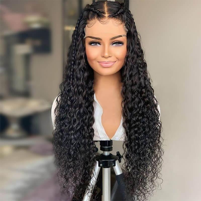Image of 5x5 Transparent lace closure human hair water wave wig displayed on a mannequin head showing a premium natural hairline, water wave texture, braid styling versatility, and a realistic scalp