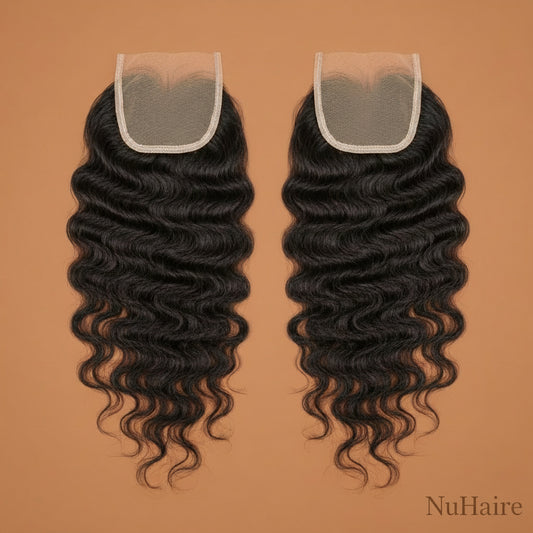 Product Display 3 - NuHaire's Brazilian Loose Deep Wave Ultra Thin Invisible HD Lace Closure features a natural black color and premium human hair. Available in Brazilian and Indian textures with various lace sizes, it offers full volume and a flowing, loose deep wave texture.