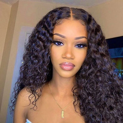 6x4 HD Glueless Water Wave human hair wig displayed on a model showing full 200% density, rich natural black color, water wave texture, premium natural HD glueless hairline, and realistic scalp