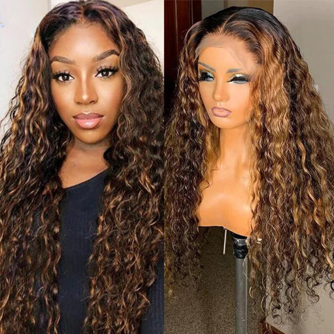 Honey Blonde Highlight Lace Front Deep Curly Human Hair Wig