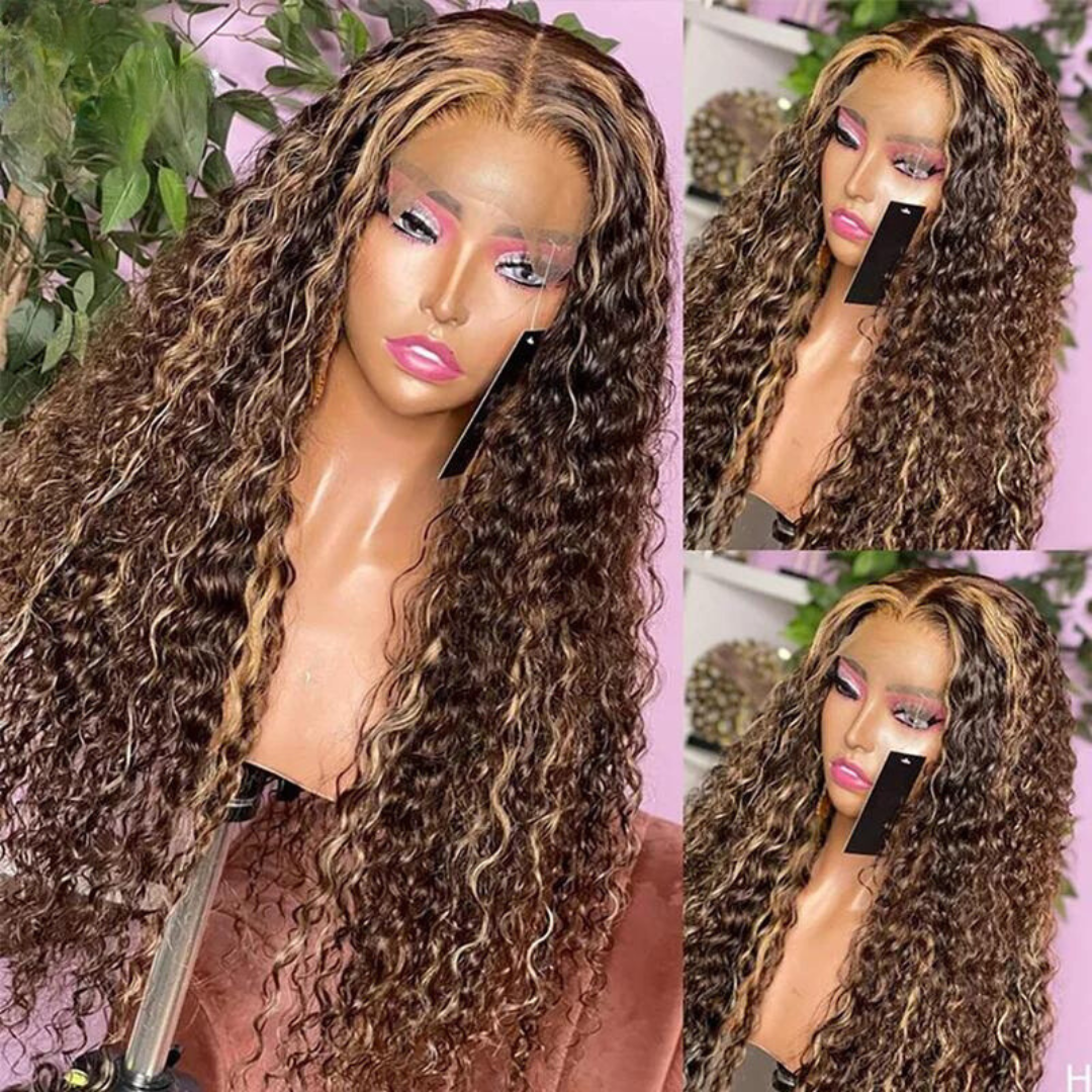 Honey Blonde Highlight Lace Front Deep Curly Human Hair Wig