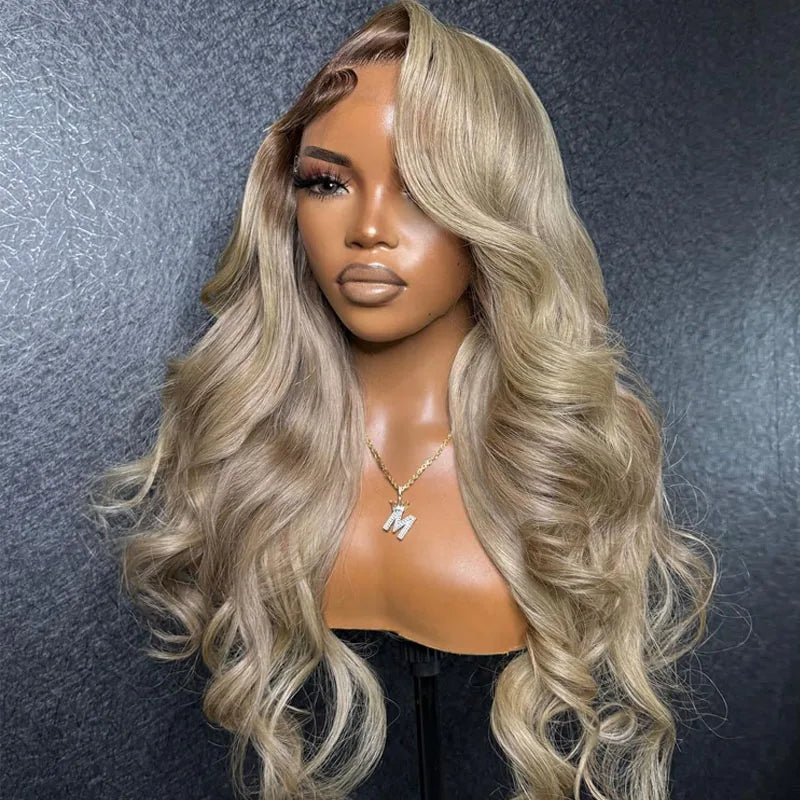 Mannequin head with long blonde wig on a textured gray background