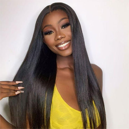 "Model showcasing straight human hair wig texture and movement with hands