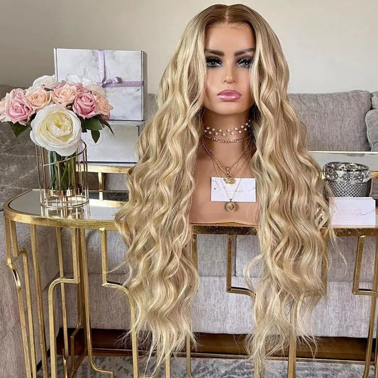 European human hair shadow root Different angle of Blonde 13x4 lace front loose wave wig displayed on a mannequin head showcasing texture, color, length, and natural density with a decorative background