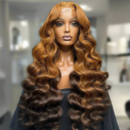 Ginger brown ombre body wave wig displaying rich ginger tones and 6x6 transparent lace construction