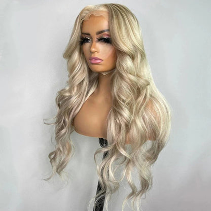 Ash honey brown highlight loose wave wig from alternate angle showcasing sophisticated color depth and European hair quality