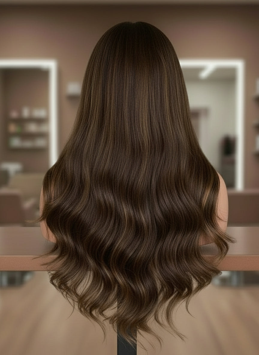 Mannequin head with long, wavy brown wig in a blurred indoor setting
