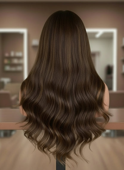 Mannequin head with long, wavy brown wig in a blurred indoor setting