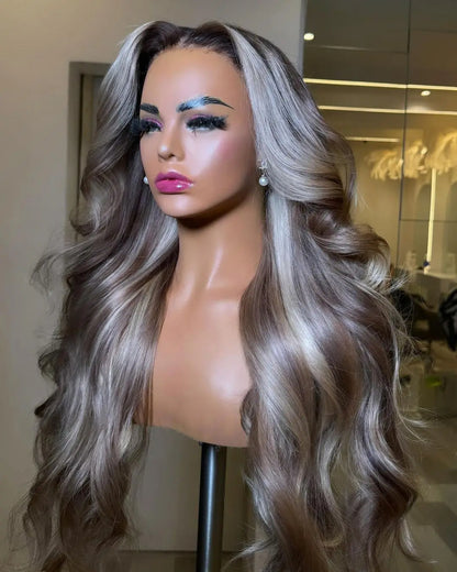 Ash grey blonde highlights body wave wig on mannequin showing 13x4 lace and cool-toned color highlights