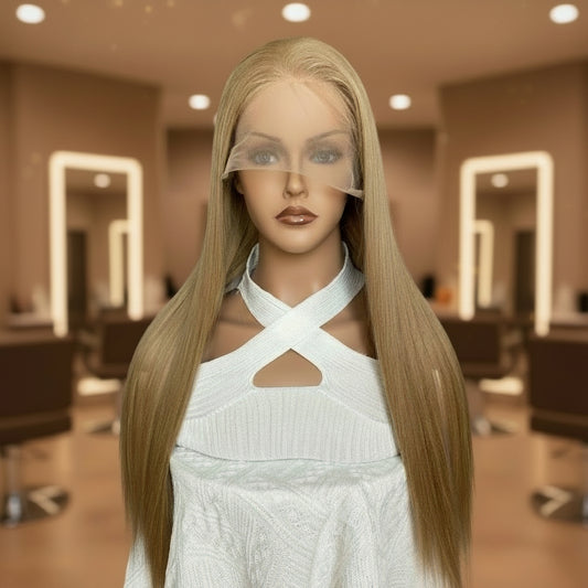 Strawberry blonde straight wig front view displaying silky straight texture and natural movement