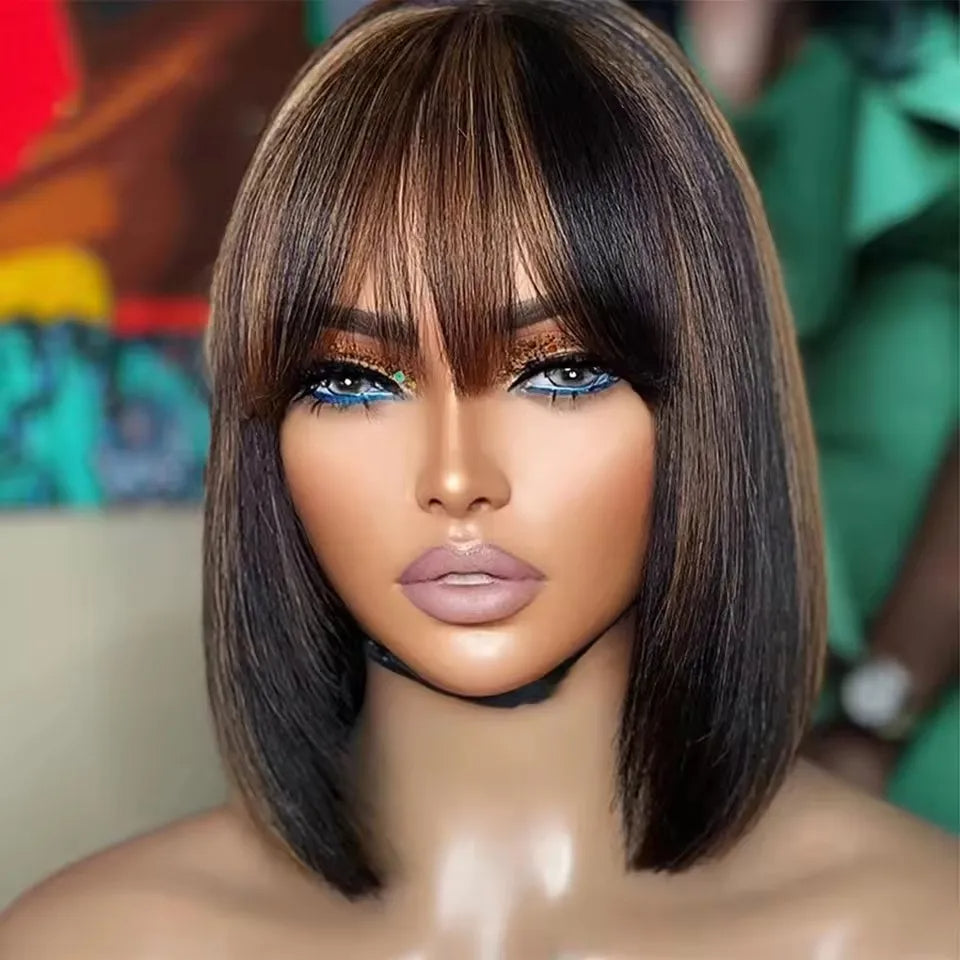 Glueless 4/27 Honey Blonde Highlight Human Hair Wig with Bang