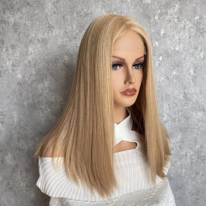Side angle of 8/24 duo tone ash brown wig showcasing sophisticated color contrast and natural movement