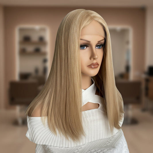 Side angle of 8/24 duo tone ash brown wig showcasing sophisticated color contrast and natural movement